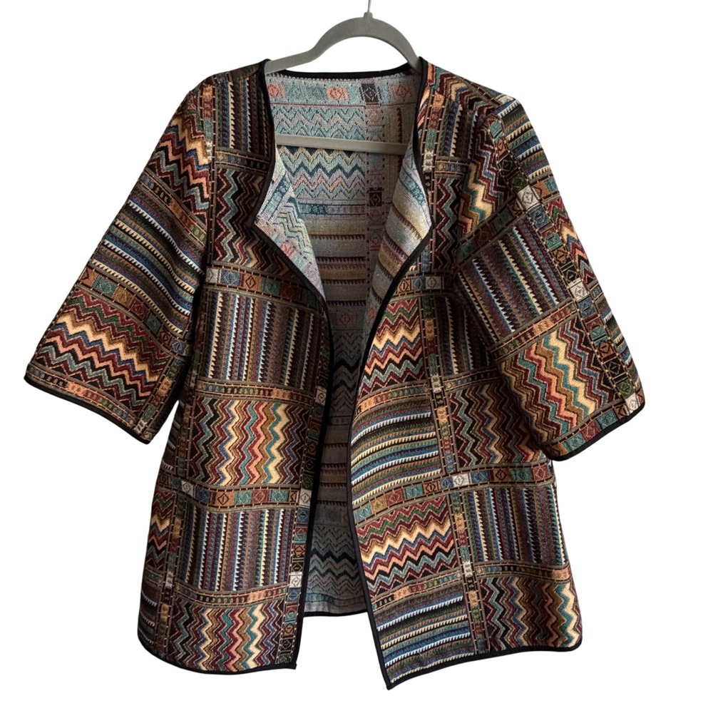 VTG Bella Women Made in Italy Woven Tapestry Jacket L Art to Wear Boho Patterned